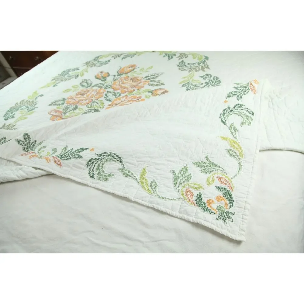Vintage Needlepoint Bedspread Floral Cottagecore Granny Full 86